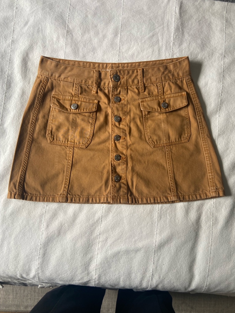 American Eagle Button-Front Camel Utility Hi-Rise A-Line Mini Skirt Size 10